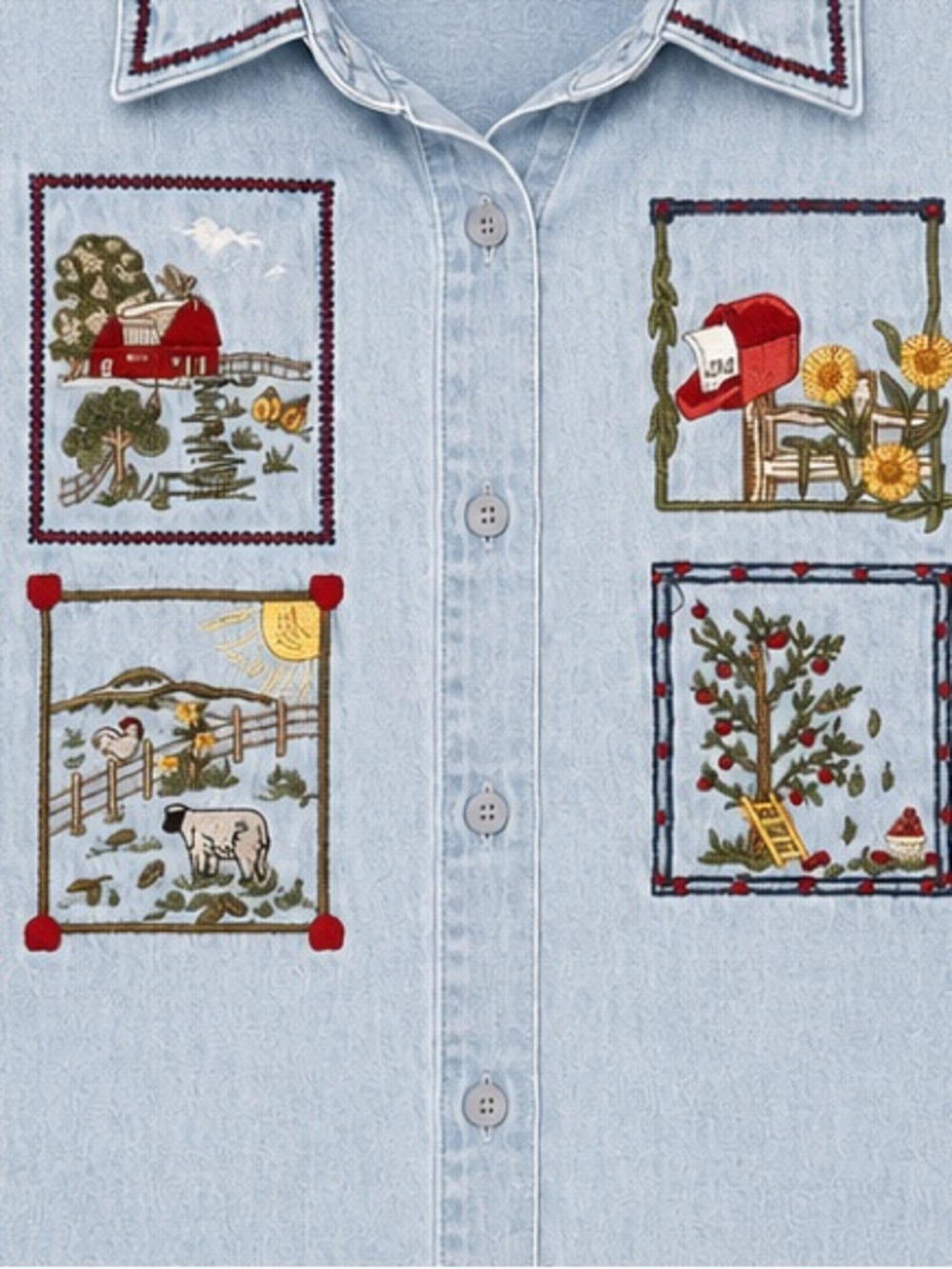 Vintage 90s Denim Button Up Jean Shirt Red barn sunflowers size medium cotton - Picture 7 of 15